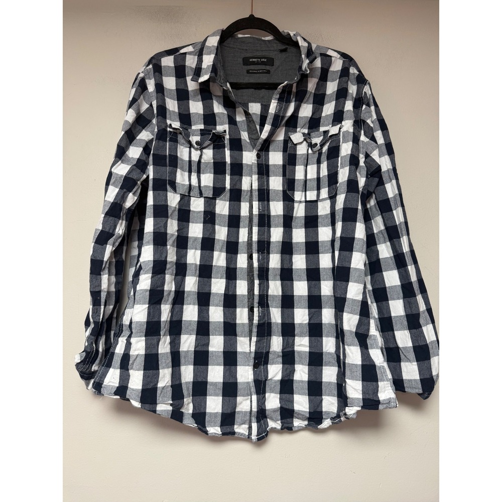 Kenneth Cole Plaid Button Down Mens XL Black White Cotton Excellent Buffalo
